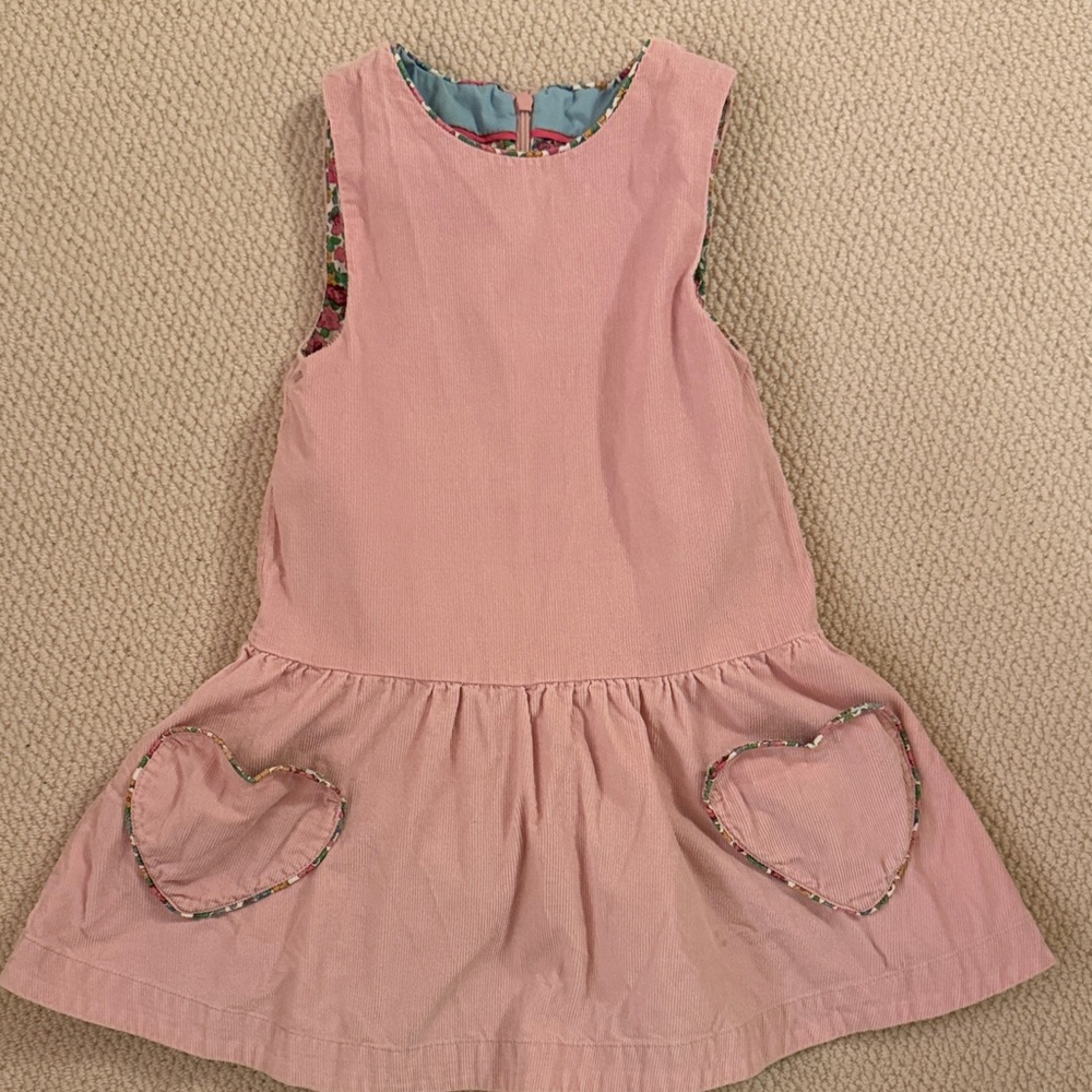 Mini Boden Pink Corduroy Dress with Heart Pockets and coordinating shirt